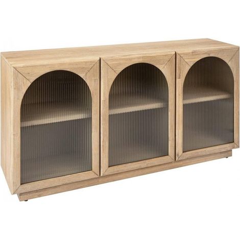 Buffet meuble de rangement en bois avec 3 portes en verre et étagères ajustables, coloris beige - Longueur 160 x Profondeur 40 x Hauteur 80 cm (1/5)