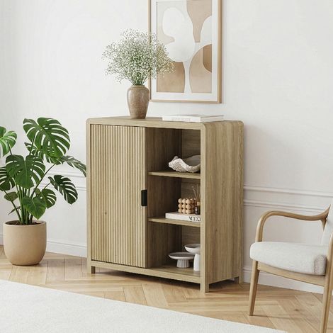 Credenza Lukkodso Comò con Anta e 3 Scomparti Aperti 82 x 75 x 30 cm - Effetto Rovere Medio Chiaro [en.casa]