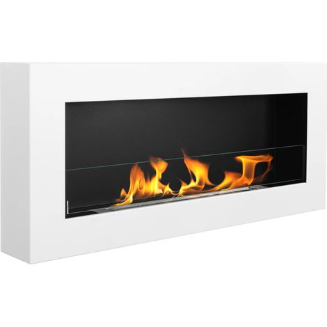 Bioethanol Wandkamin BOX 90 × 40 cm mit Sicherheitsglas, TÜV-Brenner 0,75 l, Weiß Struktur matt