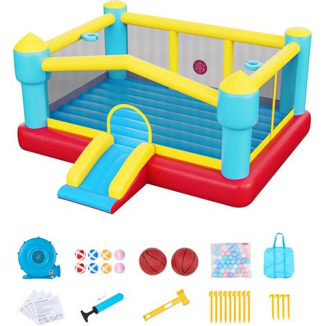 Mophorn Castello Gonfiabile per Bambini da Esterno 448 x 420 x 207 cm con Scivolo e Canestro da Basket, Area di Gioco per 3-4 Bambini, Adatto a Feste e Attività per Età 3-8 Anni (1/5)