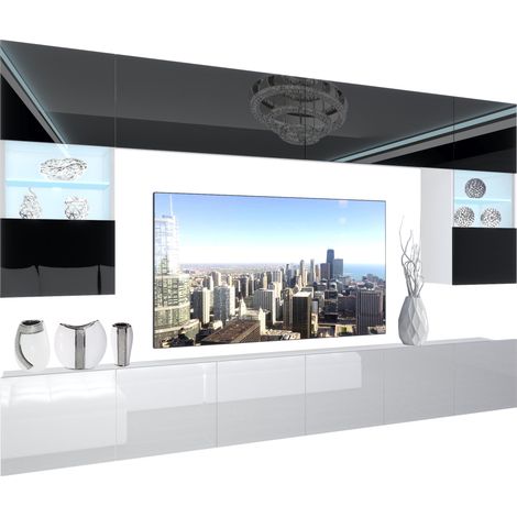 BELINI - Unité Murale TV NEX I Ensemble Muebles de Salon Complet I Ensemble Meuble TV avec Illumination LED I Dimensions: 300 x 180 x 36 cm I Coleur: Noir très Brillant/Blanc très Brillant