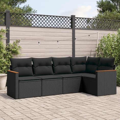 Ensemble Salon Jardin 5 Places Noir Résine Tressée avec Coussins - Canapé d'Angle, Sièges Centraux et Accoudoirs - Meuble Extérieur Modulaire (1/4)