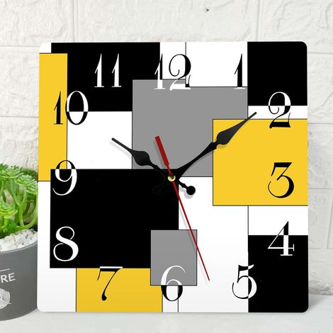 Horloge Murale en Bois Silencieuse, Sans Tic-Tac, Jaune Noir Gris, Design Géométrique Abstrait Minimaliste, Carré à Carreaux, Décor Rustique pour Maison, Cuisine, Salon, Bureau (30 cm) (1/5)