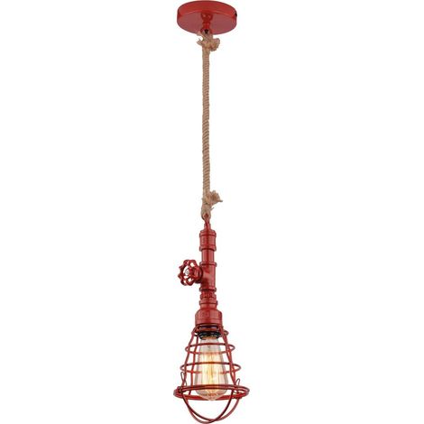 Suspension Design en Métal Rouge et Corde de Chanvre, Luminaire E27 pour Salon, Bureau et Cuisines - PANGIVO (1/5)