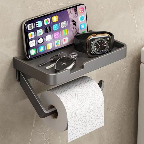 Noir Mat Porte Rouleau Papier Toilette Mural avec Etagère, Pratique PorteRouleau Hygiénique en Acier Inoxydable, sans Percage Derouleur Papier Toilette (1/5)