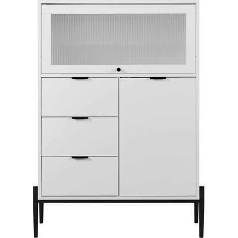 CAIziBahut avec 3 tiroirs, 1 porte et 1 porte vitrée, meuble en bois avec rangement pour cuisine, salle à manger, couloir, 85 x 40 x 120 cm (1/5)