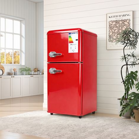 Réfrigérateur Congélateur 86 L Double Porte avec LED et Température Réglable, Étagères Ajustables, Rouge
