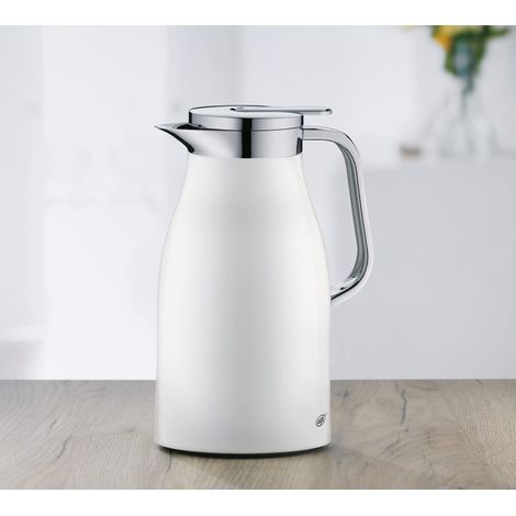 pichet isotherme inox avec intérieur en verre trempé hygiénique, bouchon vissé avec bouton poussoir très pratique, poignée ergonomique, d'une seule main (1/5)