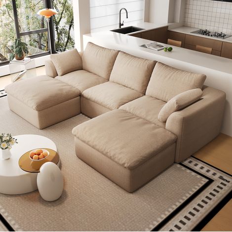 Divano a U 5 posti 245x155x83 cm in tessuto di lino kaki, schiuma elastica – MEUBLIV (1/5)