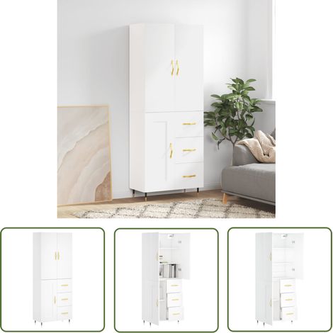 The Living Store Highboard Weiß 69,5x34x180 cm Holzwerkstoff - Sideboard - Hochschrank - Wohnraumgestaltung - Aufbewahrungslösung - Weißer Schrank (1/5)