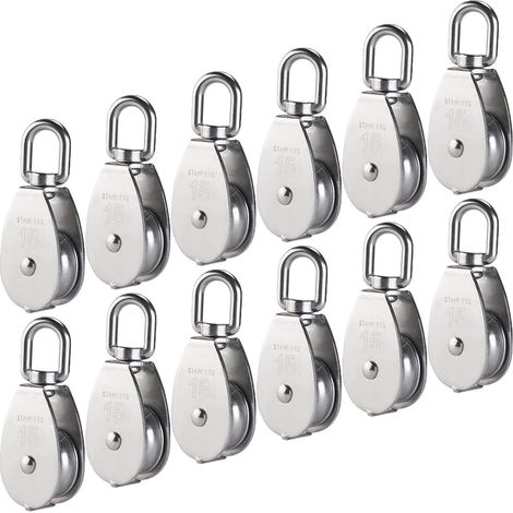 Polea simple M15 de acero inoxidable 304, bloque de polea simple de 15 mm, gancho giratorio para grúa, cable de acero liso con capacidad de carga de 35 kg (12 piezas). (1/5)
