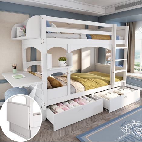 Letto a castello bambini 90x200 cm con 2 cassetti, tavolo pieghevole, ripiano e rete a doghe, in legno bianco, materasso non incluso (1/5)
