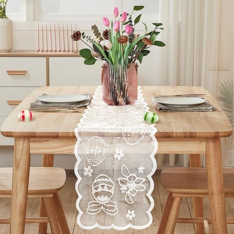 Easter Tablecloth FainFun – Table Runner with Bunnies and Spring Designs for Home, Dining Room, and Party, White