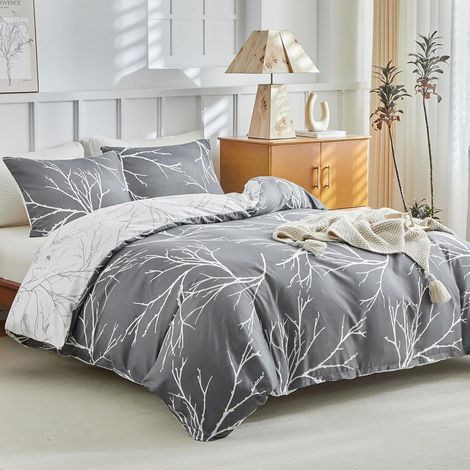 Parure de lit 3 pièces en microfibre avec housse de couette 200 x 200 cm et 2 taies d'oreiller avec fermeture éclair 80 x 80 cm, Motif branche florale, branches grises (1/5)