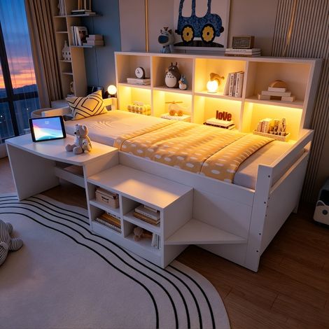 Kinderbett 90x200 mit Schreibtisch und Stauraum, Multifunktionsbett aus Massivholz mit LED-Beleuchtung und Steckdosen, Jugendbett Weiß (1/5)