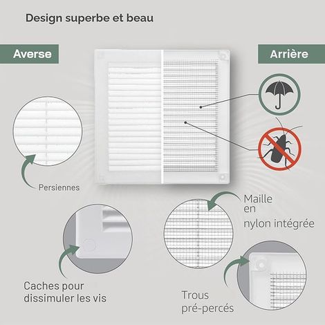 Vent 110 x 110 mm en plastique blanc Grille d'aération carrée plate Déflecteur d'air CVC 150 x 150 mm (1/3)