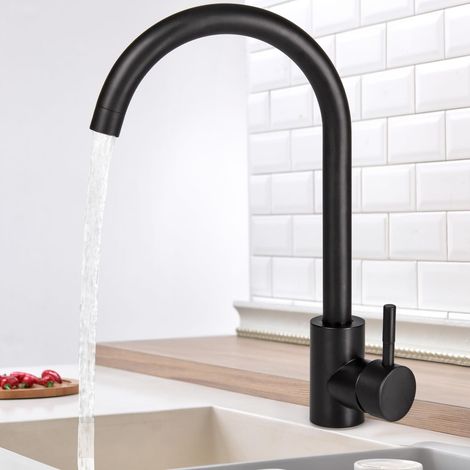 Mitigeur Évier avec Bec Haut Mitigeur Cuisine à poignée unique Robinet de Cuisine, Froid & Chaud Disponible, installation et nettoyage facile, Acier Inoxydable, Forme en C(Noir) (1/5)