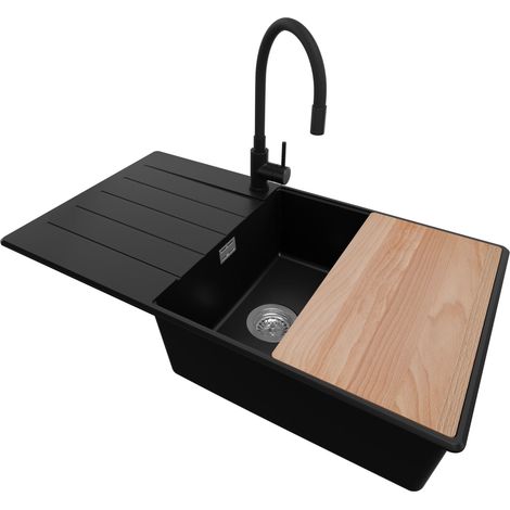 PRIMAGRAN Evier Cuisine en Granit 90x50cm, Lavabo 1 bac + Robinet 40x38cm + Kit de Vidage + Accessoire, Évier à Encastrer au meuble 60cm - Copenhague, Noir (1/5)