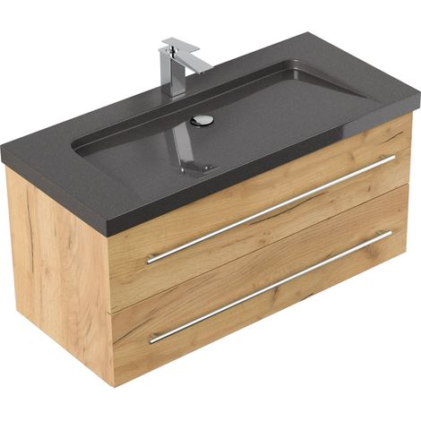 Badmöbel Granit India Black Damo 100 cm 1 Hahnloch SoftClose eiche gold