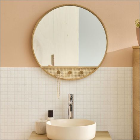 Mob-In – Miroir rond en chêne et cannage 60cm – Finition cannage naturelle – 3 patères intégrées – Fixation murale simple