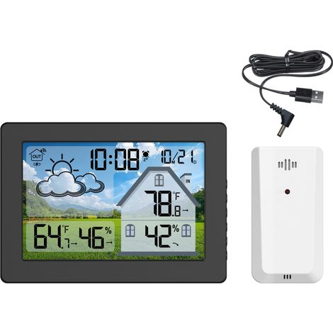 Station météo sans fil avec horloge, capteur extérieur, affichage température et humidité intérieure/extérieure, calendrier, enregistrement max/min, alimentation USB (1/5)