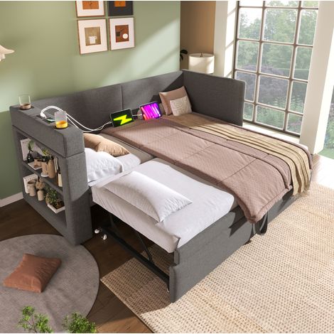 Lit banquette rembourré 90x200 cm gris en coton et lin, avec lit gigogne, accoudoirs réversibles USB/Type-C (1/5)