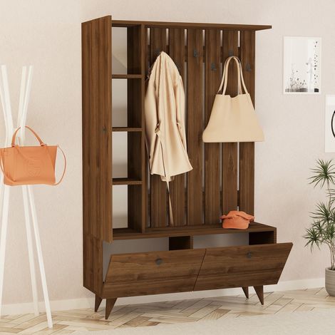 Mueble de Entrada Cairate, Perchero, 6 Estantes, Puerta Abatible, Batiente, 112x35x170h cm Marrón Nogal (1/4)