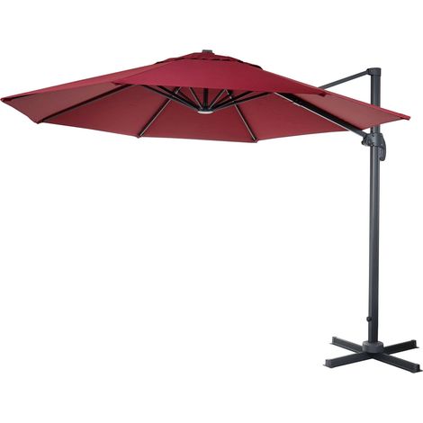 Parasol déporté rond Ø 400 cm hauteur 255 cm inclinable 5 positions rotatif 360 avec manivelle aluminium et polyester couleur bordeaux 040011241