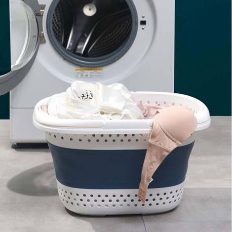 Panier linge rétractable 45L. Pliable, poignées ergonomiques. Encombrement minimal. Bleu. (1/4)