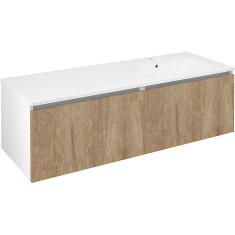 Meuble vasque LOREA 140x46x51,5cm (70+70cm), droite, chêne alabama/blanc mat (1/4)