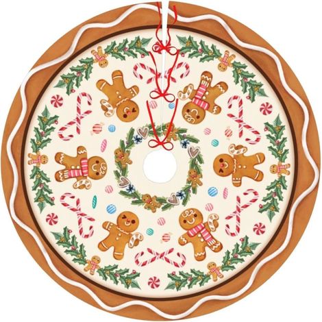 Tapis de sapin de Noël de 120 cm - motif bonhomme en pain d'épice avec ruban rouge, décoration festive pour les fêtes de Noël, idéal pour une ambiance de fêtes. (1/5)