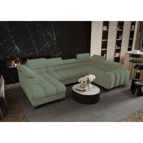Wohnlandschaft Schlafsofa BASTIEN in Stoff Terra Mintgrün Ottomane Links