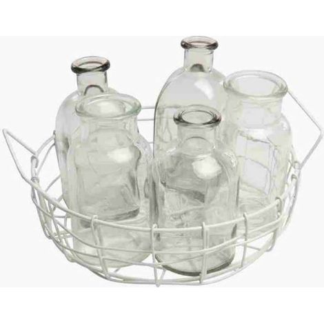 Freese – nature trends Corbeille en fil métallique blanc avec 6 bouteilles en verre, ronde – Ø 22 x H 5,5 cm
