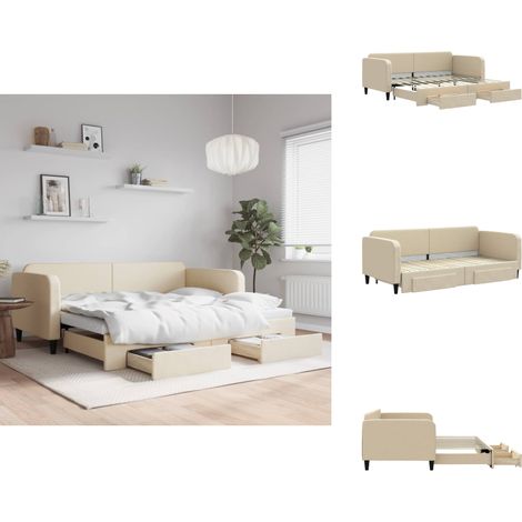 Tagesbett Ausziehbar mit Schubladen Creme 90x200 cm Stoff - Sofa - Schlafcouch - Gästebett - Tagesbett - Wohnzimmermöbel (1/5)
