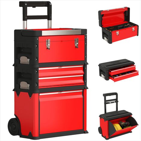 Lot de 3 boîtes à outils empilables sur roulettes en acier rouge - 52 x 32 x 72 cm (1/5)