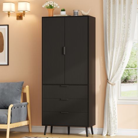 Armoire de cuisine haute 75 x 35 x 180 cm avec 2 portes et 3 tiroirs, noire OKMYHOME (1/5)