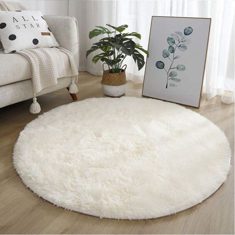 Beige White Round Living Room Rug Shaggy Modern Fur Rug Fluffy Long Pile Carpet 100cm (1/5)