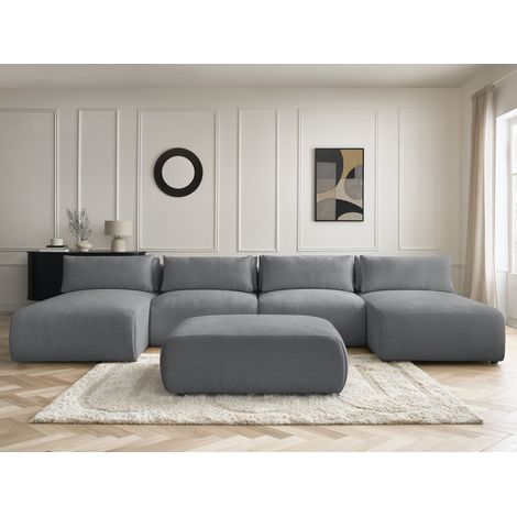 BOBOCHIC - Canapé panoramique fixe modulable avec têtières JANA tissu chiné avec 2 méridiennes, 2 chauffeuses et 1 grand pouf   Gris foncé