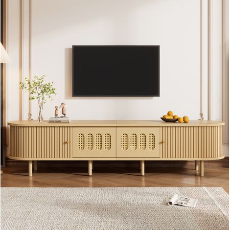 Mobile TV 180x40x40 cm, per TV fino a 75 pollici, ante in rattan, 2 sportelli a serranda, MDF, naturale (1/5)