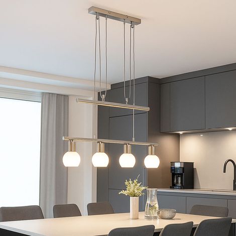 Lampada a sospensione LED per tavolo da pranzo lampada a sospensione regolabile in altezza lampada a sospensione a 4 fiamme, nichel opaco, vetro opalino, 4x 5W 4x 430lm bianco caldo, H 160 cm (1/5)