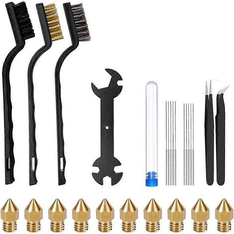 Kit de nettoyage de buses pour imprimante 3D (27 pièces) comprenant des buses en laiton MK8, une clé 5 en 1, une pince à épiler et des brosses – outils d'entretien pour imprimantes 3D (1/5)