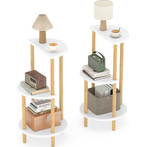Lot de 2 Tables d'Appoint Ronde, Bout de Canapé en Bambou avec Étagères, 3 Niveaux, Table de Chevet pour Salon, Style Bohème, Naturel Blanc (1/5)