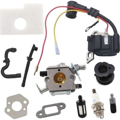 Kit de pièces compatibles pour tronçonneuse Stihl 017, 018, 019T, MS170, MS180, MS170C, MS180C - Carburateur, bobine d'allumage, bougie, filtre à air, tuyau de carburant et filtre à carburant - Référe (1/5)