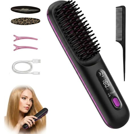 Brosse Chauffante Cheveux Court Sans Fil, Mini Brosse Lissante Portable avec 3 Températures Réglables, Peigne Chauffant Ionique Anti-Brûlure pour Lissage Rapide et Coiffage Quotidien, Noir (1/5)