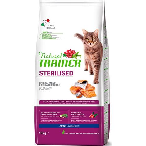 Natural Trainer Cat Adult Sterilised Salmone e Fibra Di Pisello - Sacco 10 Kg -