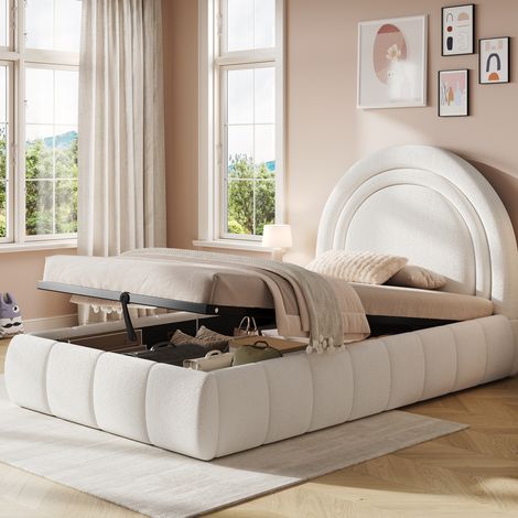 Letto singolo imbottito fiabesco bouclé beige 90x200 cm con testiera, rete a doghe e vano contenitore idraulico