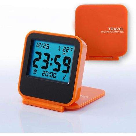 Réveil numérique avec fonction température, radio-réveil, portable et pliable, avec veilleuse et écran LCD orange. (1/5)