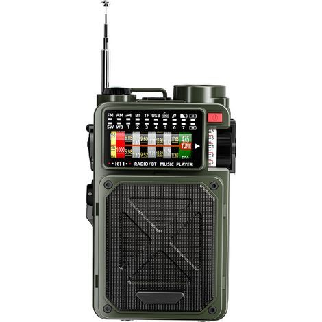Radio d'urgence à manivelle 4000mAh – AM/FM/WB/SW – Bluetooth, lampe de poche, alarme SOS – Chargement USB, manivelle et solaire (1/5)