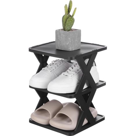 Rack de chaussures verticales en plastique de 3-Tier, empilable et pliable, avec des fentes étroites pour le stockage compact, . (1/5)