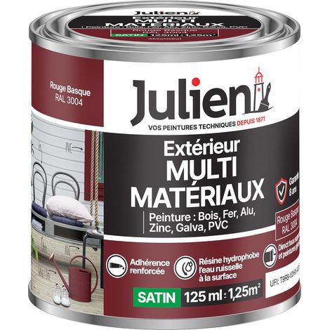 Julien Peinture Multi-Matériaux Satin en phase Aqueuse - Bois, Fer, Alu, PVC, Zinc, Acier galvanisé, brut ou peint - Rouge Basque 0,125 L
